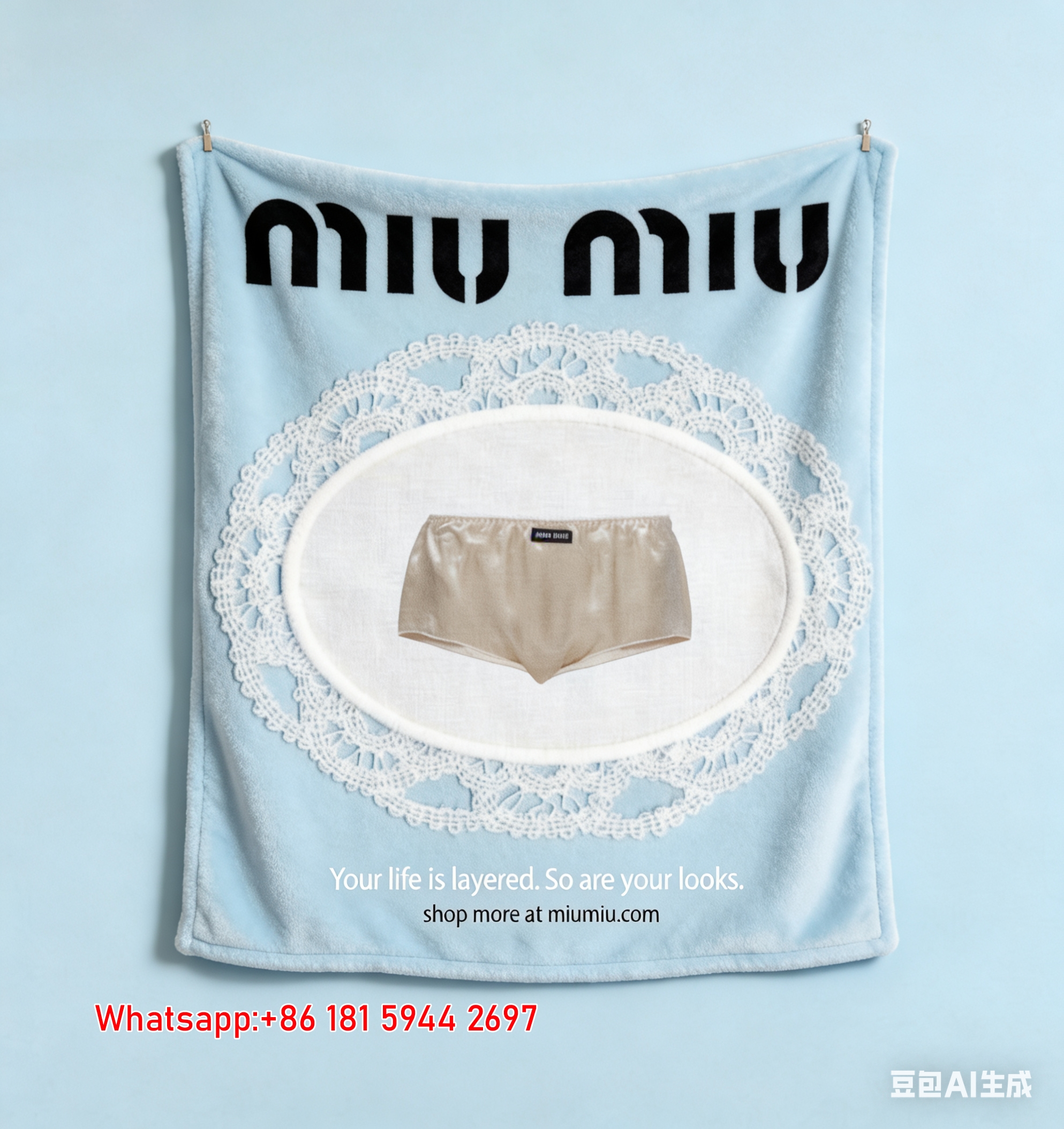 MiuMiu Beige Satin Underwear Print Flannel Sofa Throw Blanket – Luxury Baby Blue & White Lace 